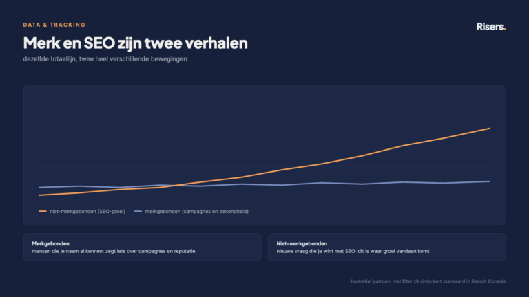 Illustratief patroon van merkgebonden versus niet-merkgebonden zoekverkeer: de merk-lijn blijft vlak, de SEO-lijn groeit