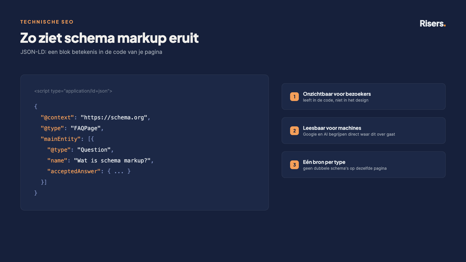 Voorbeeld van JSON-LD schema markup met uitleg: onzichtbaar voor bezoekers, leesbaar voor machines