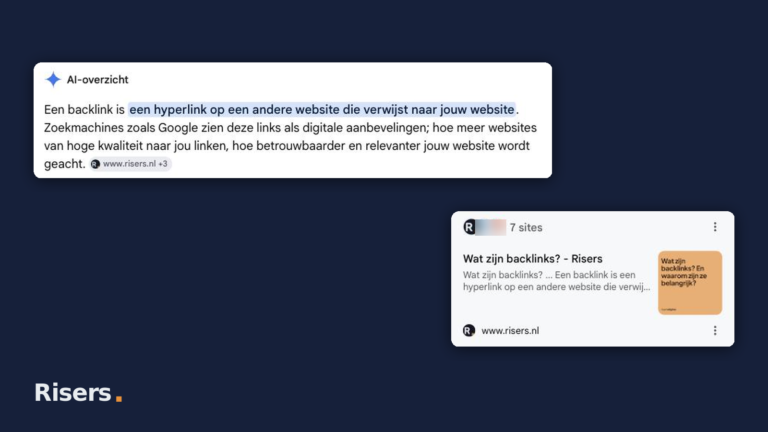 Google AI-overzicht bij de zoekopdracht wat zijn backlinks, met risers.nl als eerste bron